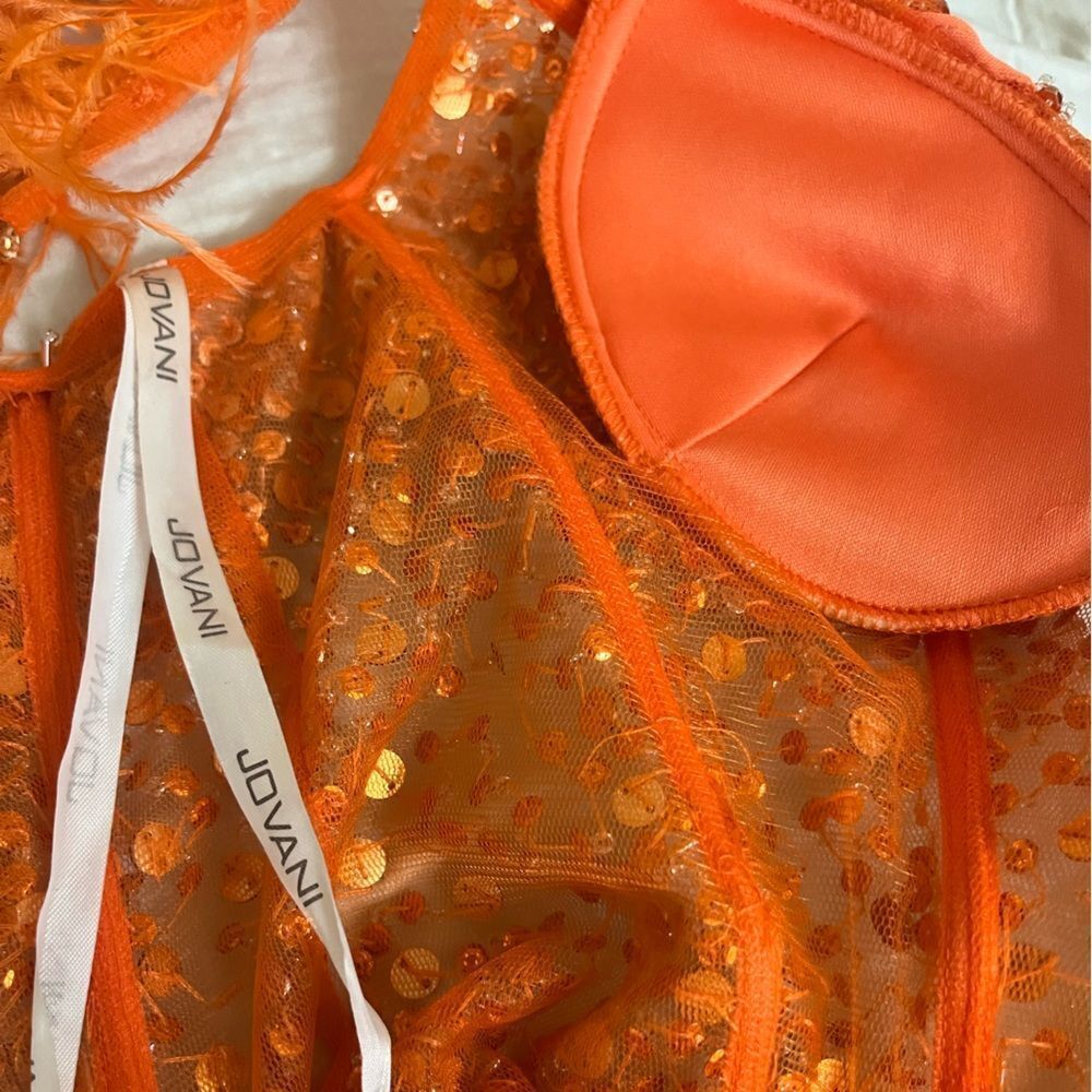 Jovani Vibrant Orange Feather-Trim Beaded Mermaid Gown - Picture 16 of 16